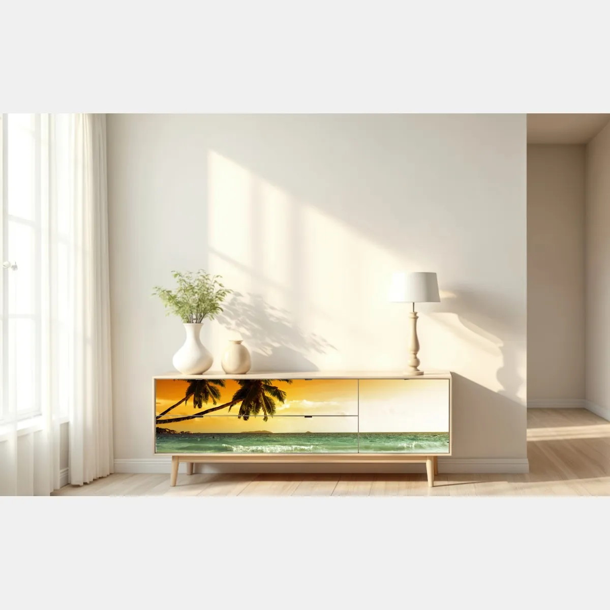 Naklejka repozycjonowalna plaża przy zachodzie słońca na Karaibach z palmami – Wallissimo® Naklejka repozycjonowalna plaża przy zachodzie słońca na Karaibach z palmami – Wallissimo®