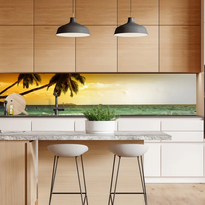 Naklejka repozycjonowalna plaża przy zachodzie słońca na Karaibach z palmami – Wallissimo® Naklejka repozycjonowalna plaża przy zachodzie słońca na Karaibach z palmami – Wallissimo®