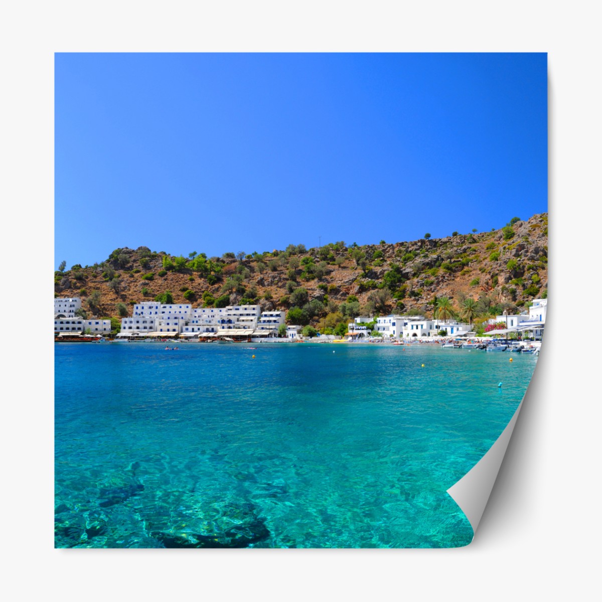 Repositionable sticker sunlit Mediterranean cove with turquoise water