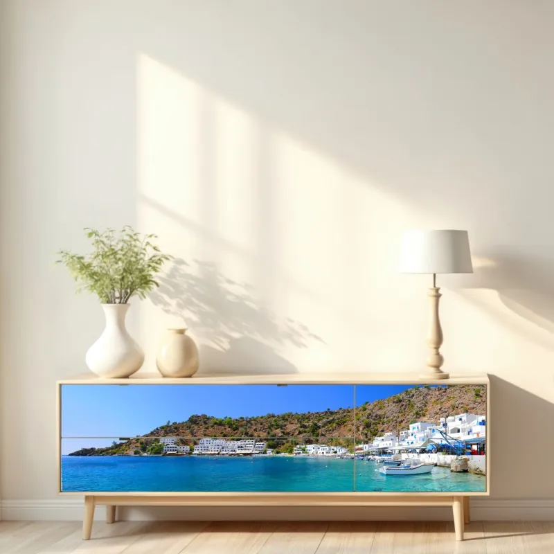 Naklejka repozycjonowalna słoneczna zatoka śródziemnomorska z turkusową wodą – Wallissimo® Naklejka repozycjonowalna słoneczna zatoka śródziemnomorska z turkusową wodą – Wallissimo®