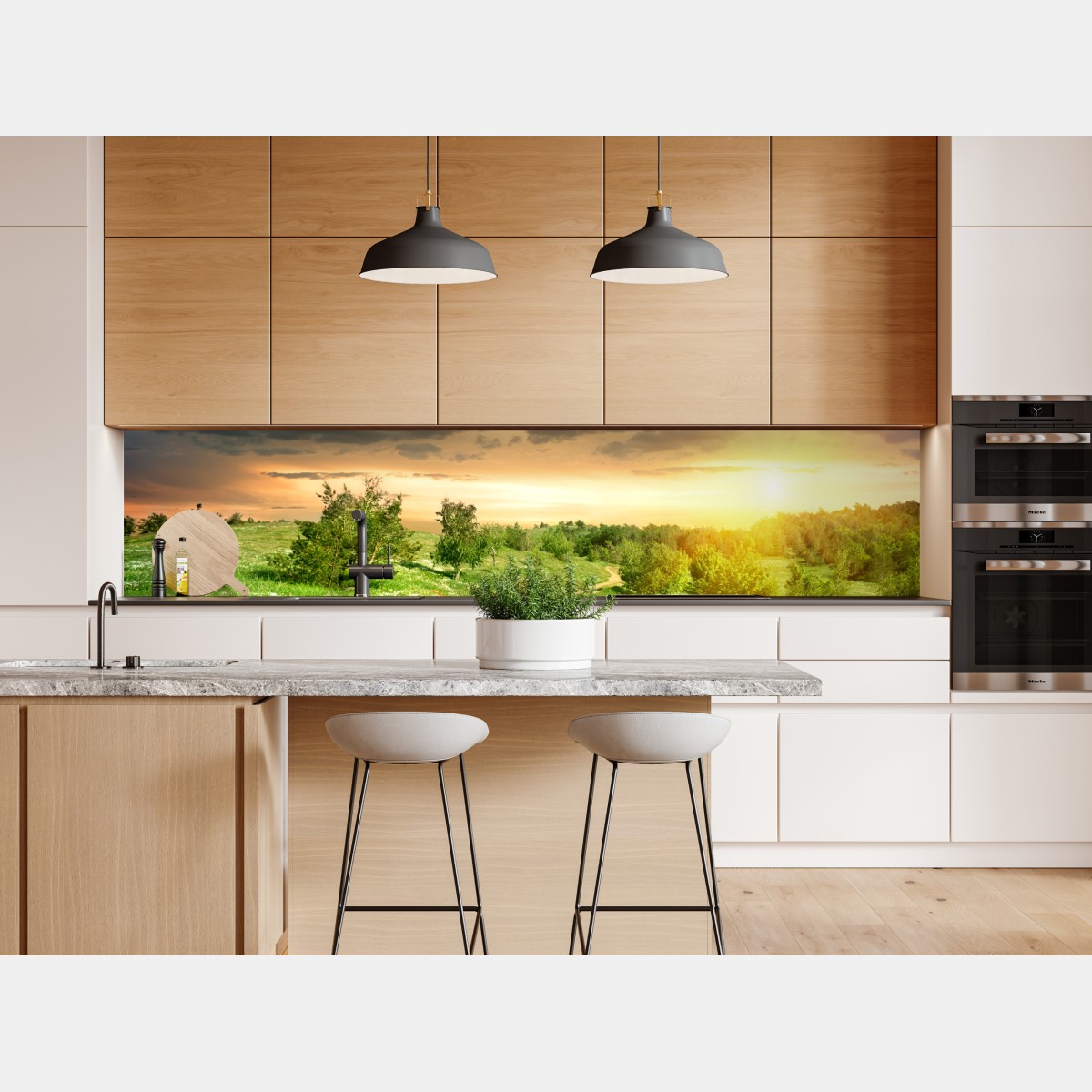 Naklejka repozycjonowalna zachód słońca nad polną drogą w zielonej łące – Wallissimo® Naklejka repozycjonowalna zachód słońca nad polną drogą w zielonej łące – Wallissimo®