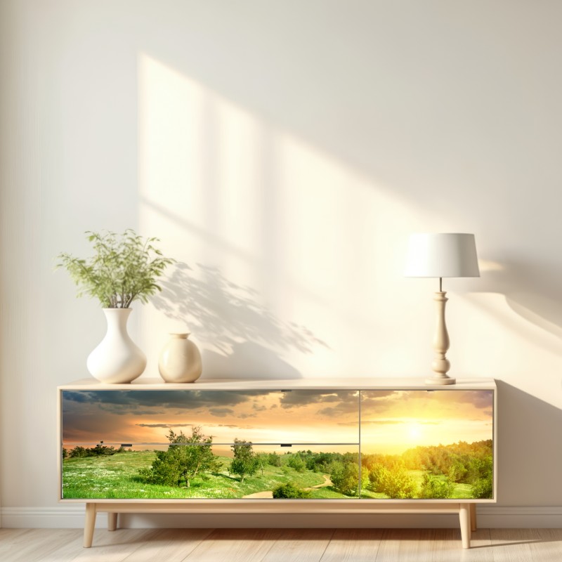 Naklejka repozycjonowalna zachód słońca nad polną drogą w zielonej łące – Wallissimo® Naklejka repozycjonowalna zachód słońca nad polną drogą w zielonej łące – Wallissimo®