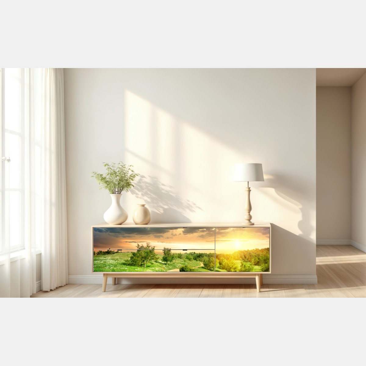Naklejka repozycjonowalna zachód słońca nad polną drogą w zielonej łące – Wallissimo® Naklejka repozycjonowalna zachód słońca nad polną drogą w zielonej łące – Wallissimo®