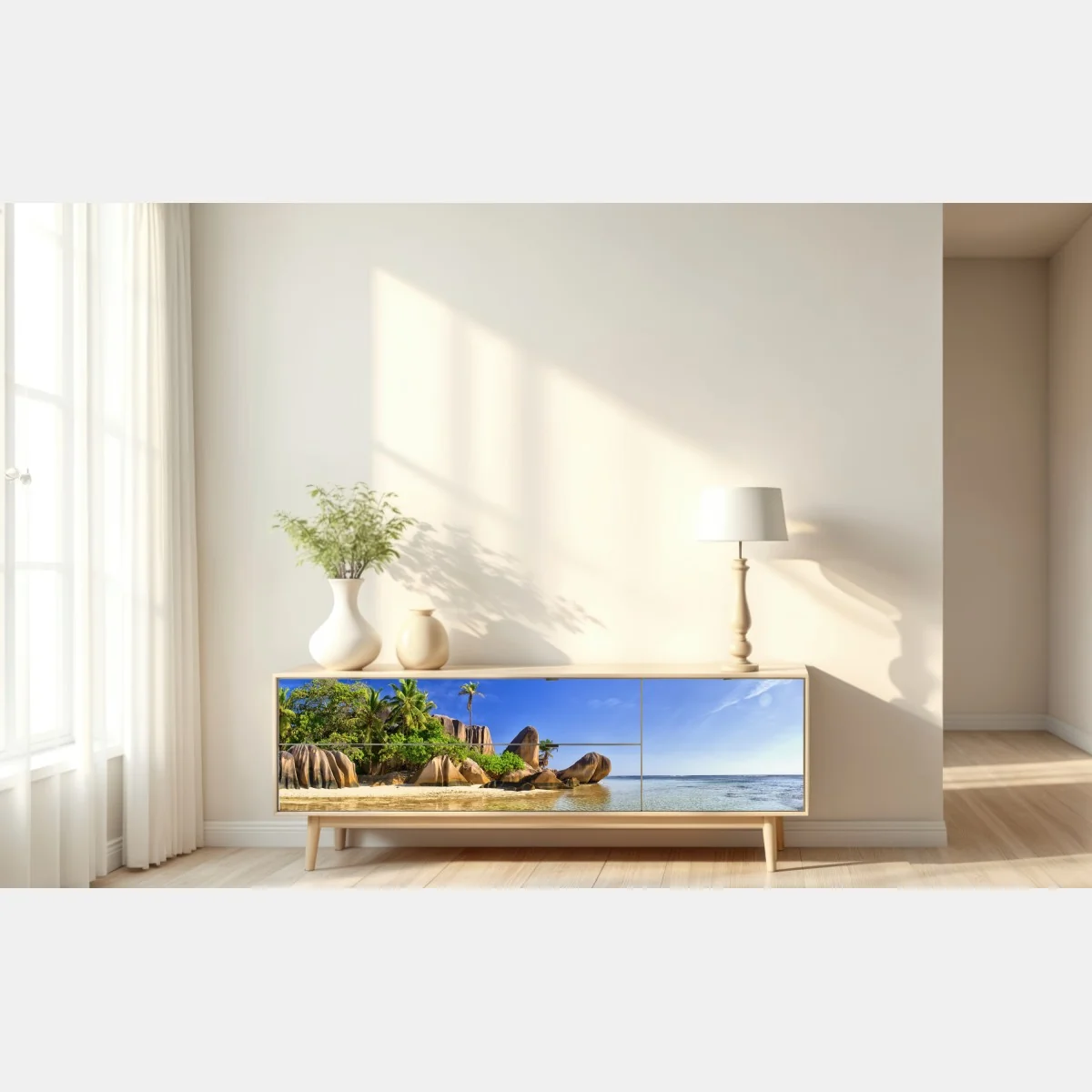 Naklejka repozycjonowalna tropikalna plaża z granitowymi głazami i klarowną wodą – Wallissimo® Naklejka repozycjonowalna tropikalna plaża z granitowymi głazami i klarowną wodą – Wallissimo®