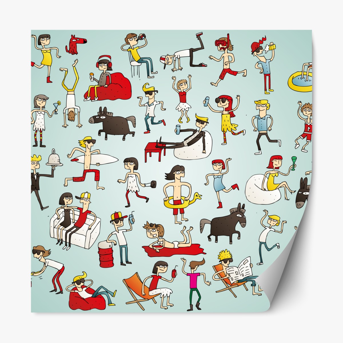Repositionable sticker playful cartoon crowd on turquoise background