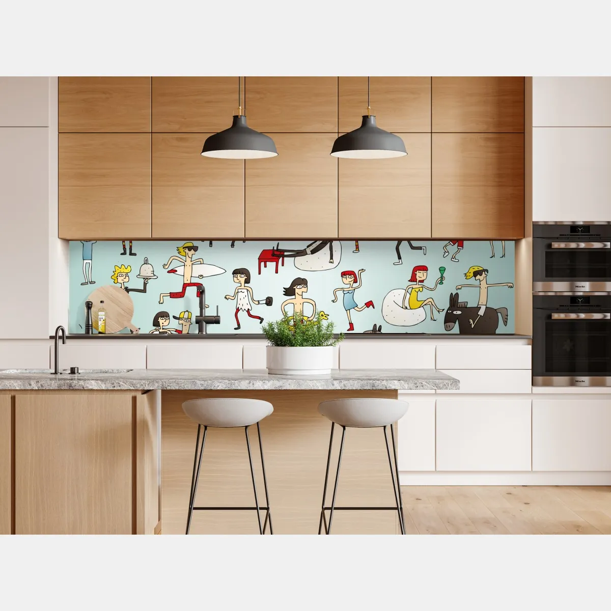 Naklejka repozycjonowalna zabawna scena z postaciami na turkusowym tle – Wallissimo® Naklejka repozycjonowalna zabawna scena z postaciami na turkusowym tle – Wallissimo®