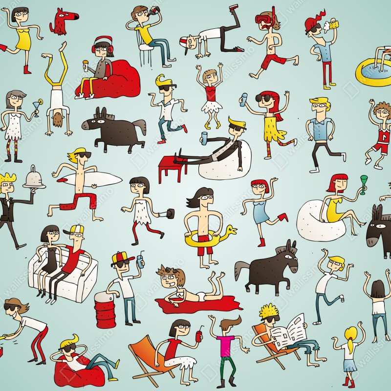 Naklejka repozycjonowalna zabawna scena z postaciami na turkusowym tle – Wallissimo® Naklejka repozycjonowalna zabawna scena z postaciami na turkusowym tle – Wallissimo®