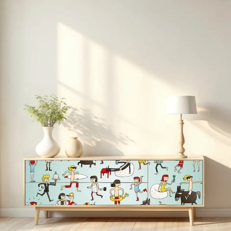 Naklejka repozycjonowalna zabawna scena z postaciami na turkusowym tle – Wallissimo® Naklejka repozycjonowalna zabawna scena z postaciami na turkusowym tle – Wallissimo®