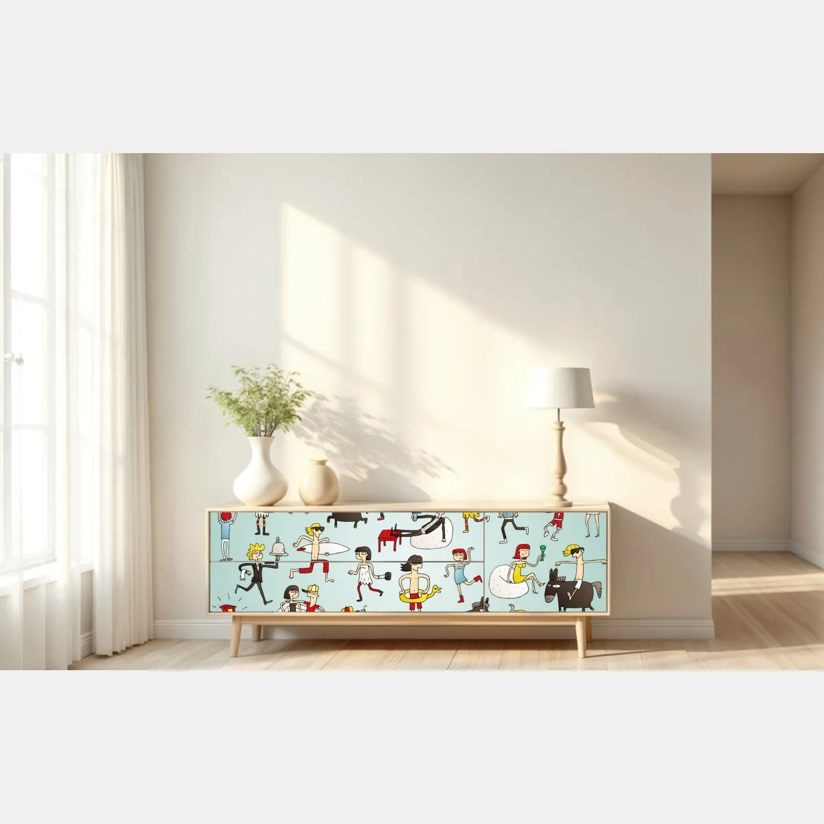 Naklejka repozycjonowalna zabawna scena z postaciami na turkusowym tle – Wallissimo® Naklejka repozycjonowalna zabawna scena z postaciami na turkusowym tle – Wallissimo®