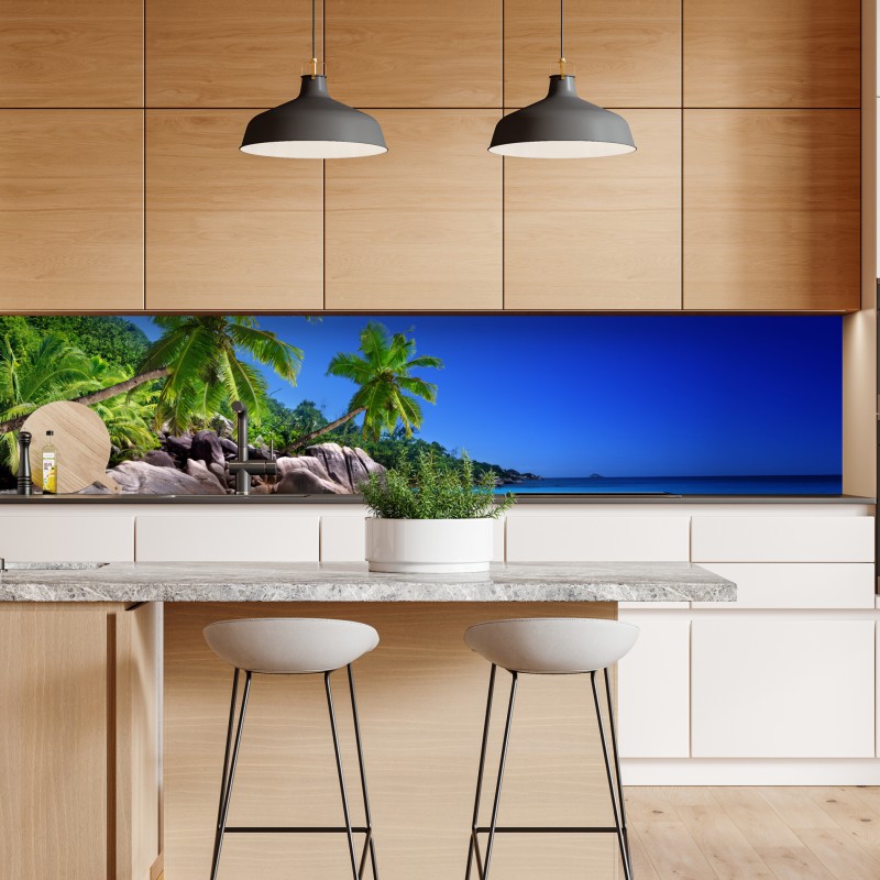 Naklejka repozycjonowalna tropikalna plaża z turkusową wodą i palmami – Wallissimo® Naklejka repozycjonowalna tropikalna plaża z turkusową wodą i palmami – Wallissimo®