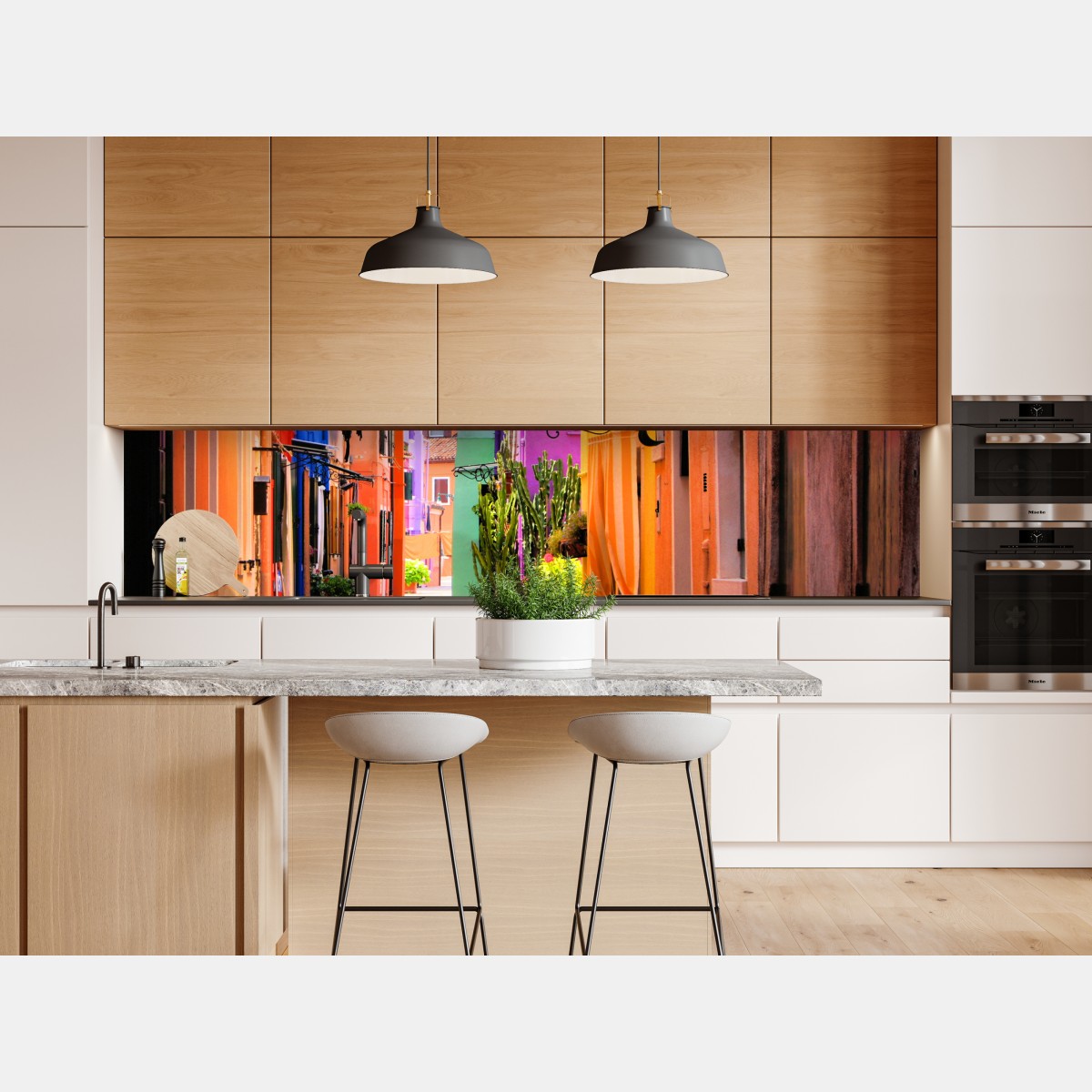 Naklejka repozycjonowalna kolorowa śródziemnomorska uliczka – Wallissimo® Naklejka repozycjonowalna kolorowa śródziemnomorska uliczka – Wallissimo®