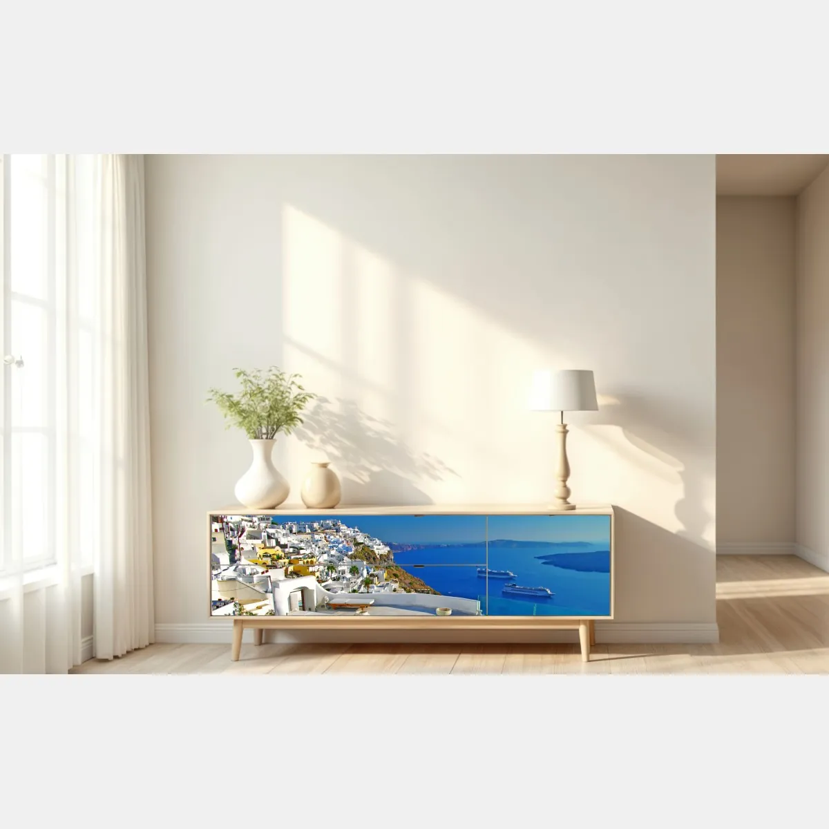 Naklejka repozycjonowalna Santorini widok na morze z basenem – Wallissimo® Naklejka repozycjonowalna Santorini widok na morze z basenem – Wallissimo®