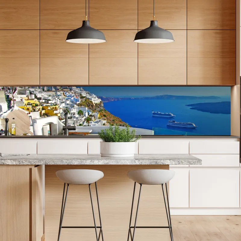 Naklejka repozycjonowalna Santorini widok na morze z basenem – Wallissimo® Naklejka repozycjonowalna Santorini widok na morze z basenem – Wallissimo®