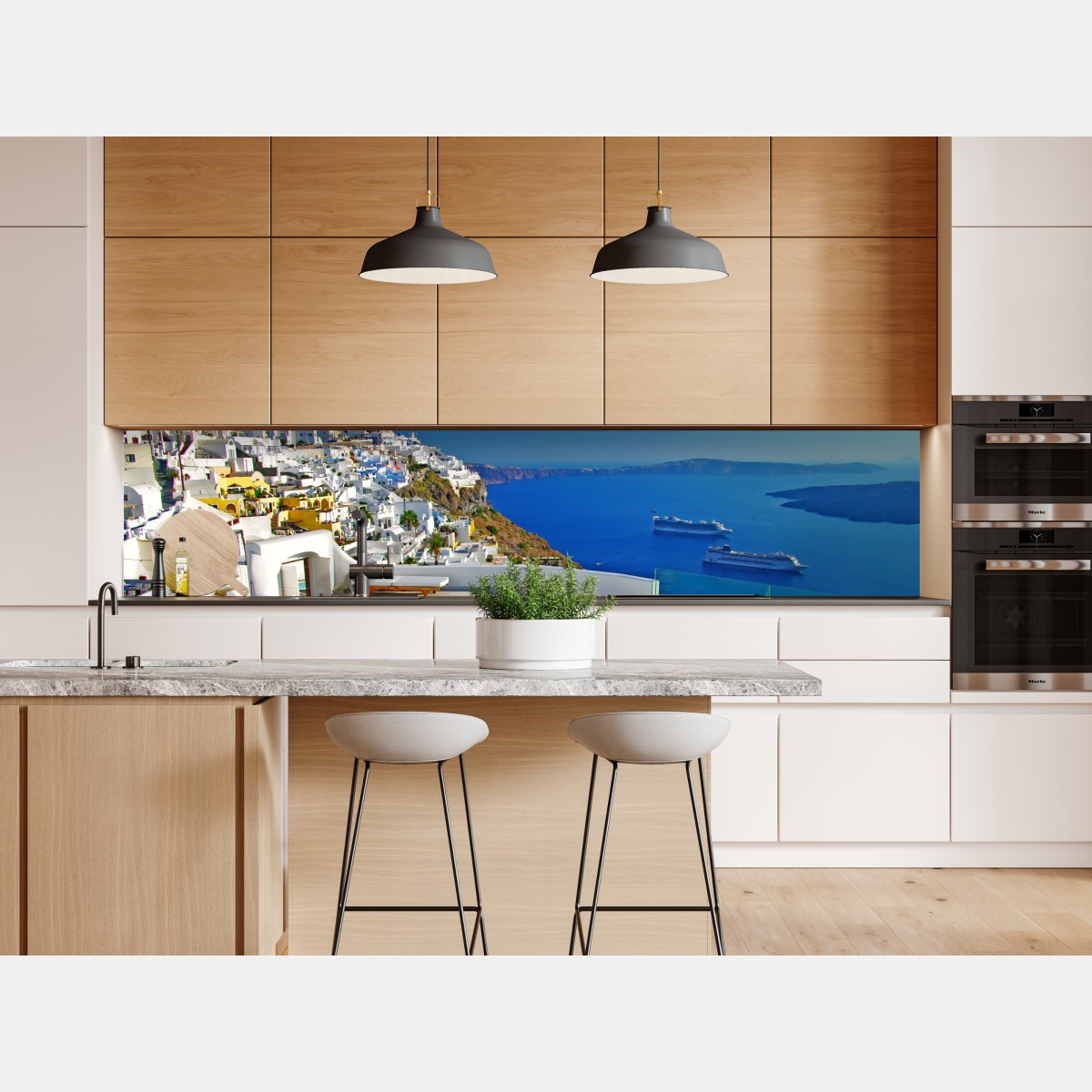 Naklejka repozycjonowalna Santorini widok na morze z basenem – Wallissimo® Naklejka repozycjonowalna Santorini widok na morze z basenem – Wallissimo®