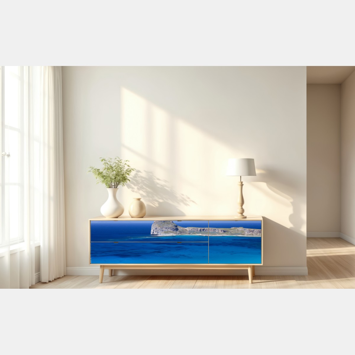 Naklejka repozycjonowalna spokojny morski pejzaż z wyspą – Wallissimo® Naklejka repozycjonowalna spokojny morski pejzaż z wyspą – Wallissimo®