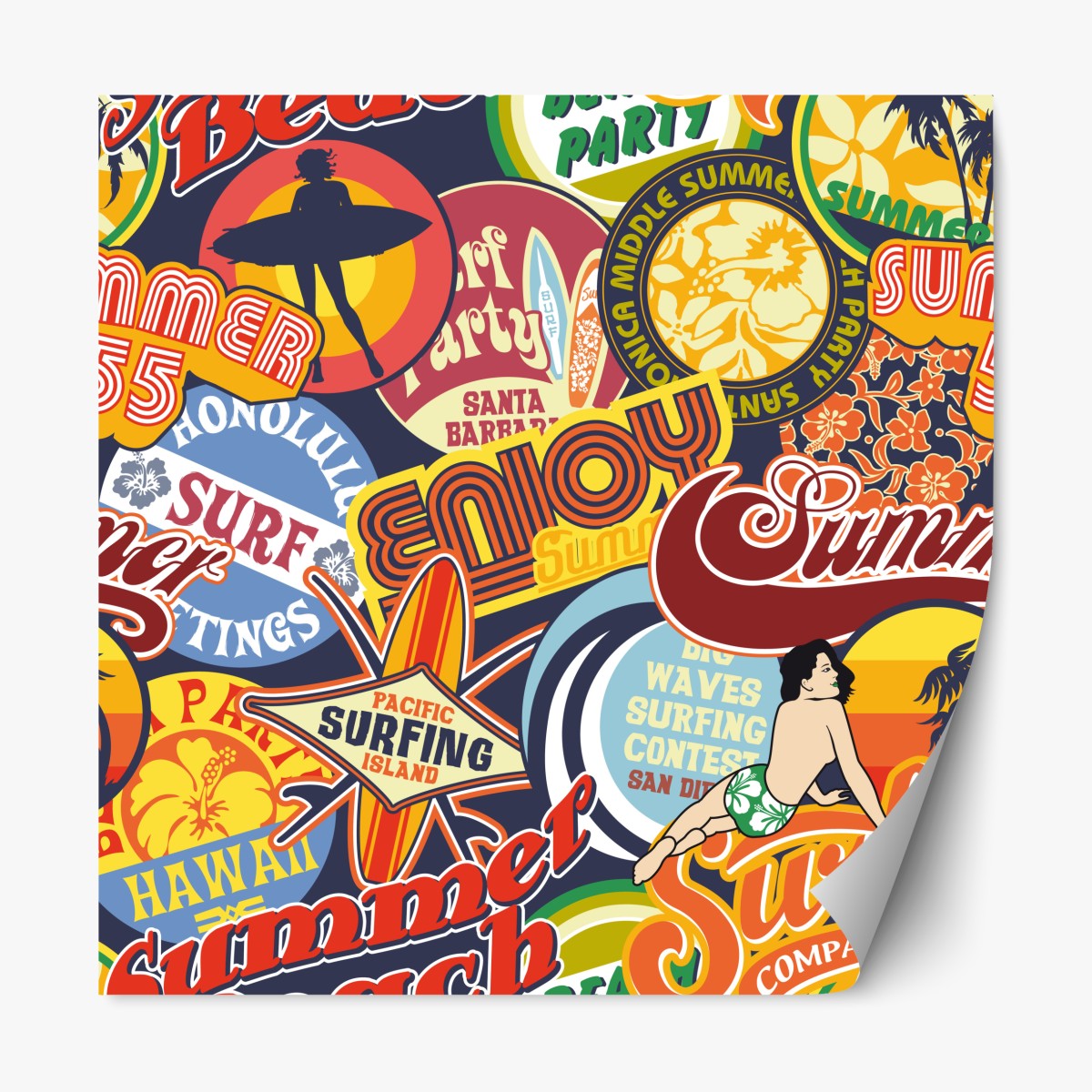 Repositionable sticker retro surf sticker collage