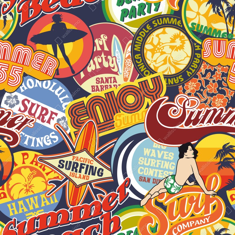 Naklejka repozycjonowalna retro kolaż naklejek surf – Wallissimo® Naklejka repozycjonowalna retro kolaż naklejek surf – Wallissimo®
