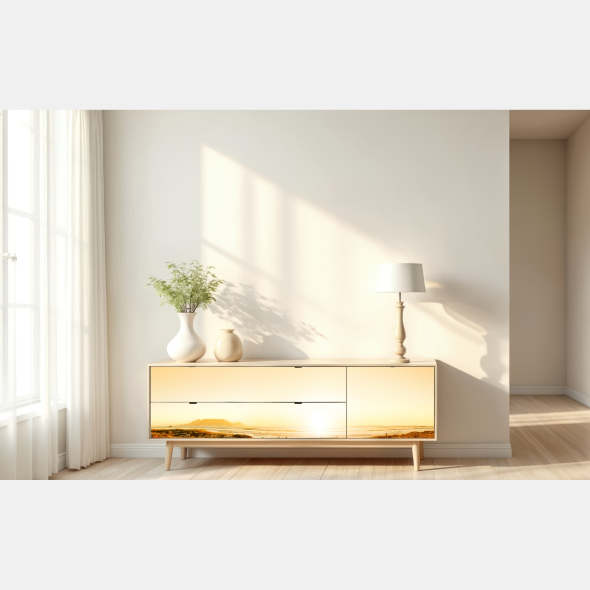 Naklejka repozycjonowalna złota panorama zachodu słońca nad plażą z Górą Stołową – Wallissimo® Naklejka repozycjonowalna złota panorama zachodu słońca nad plażą z Górą Stołową – Wallissimo®