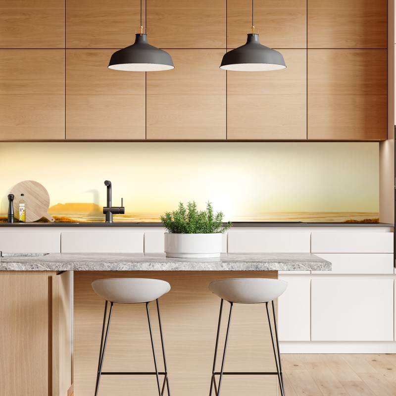 Naklejka repozycjonowalna złota panorama zachodu słońca nad plażą z Górą Stołową – Wallissimo® Naklejka repozycjonowalna złota panorama zachodu słońca nad plażą z Górą Stołową – Wallissimo®