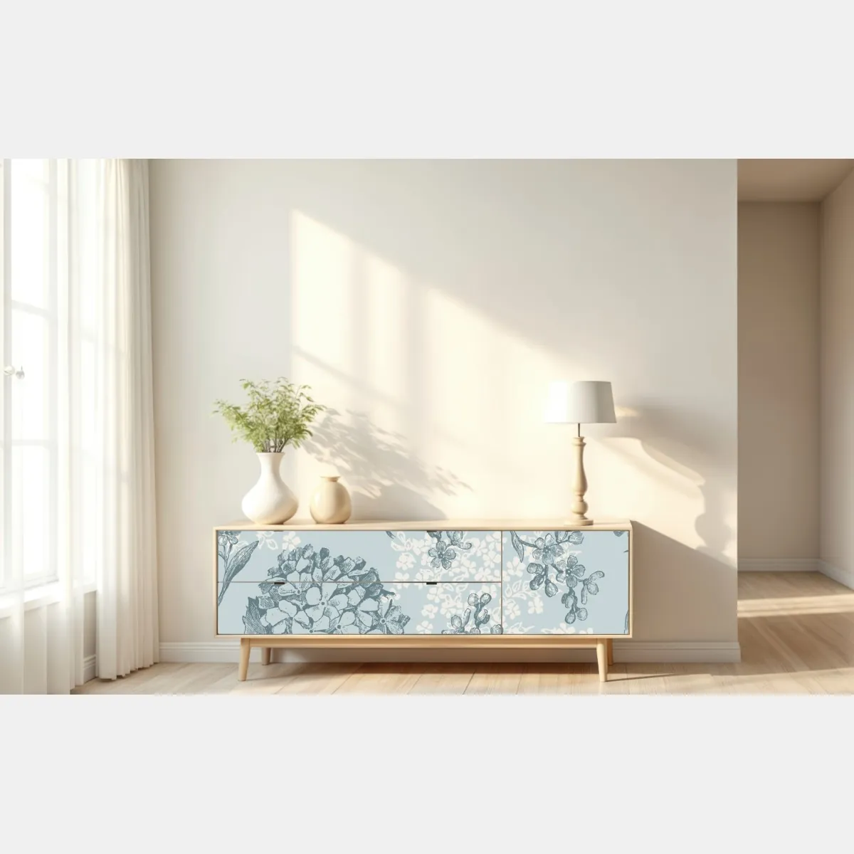 Naklejka repozycjonowalna delikatny pastelowy wzór hortensji – Wallissimo® Naklejka repozycjonowalna delikatny pastelowy wzór hortensji – Wallissimo®