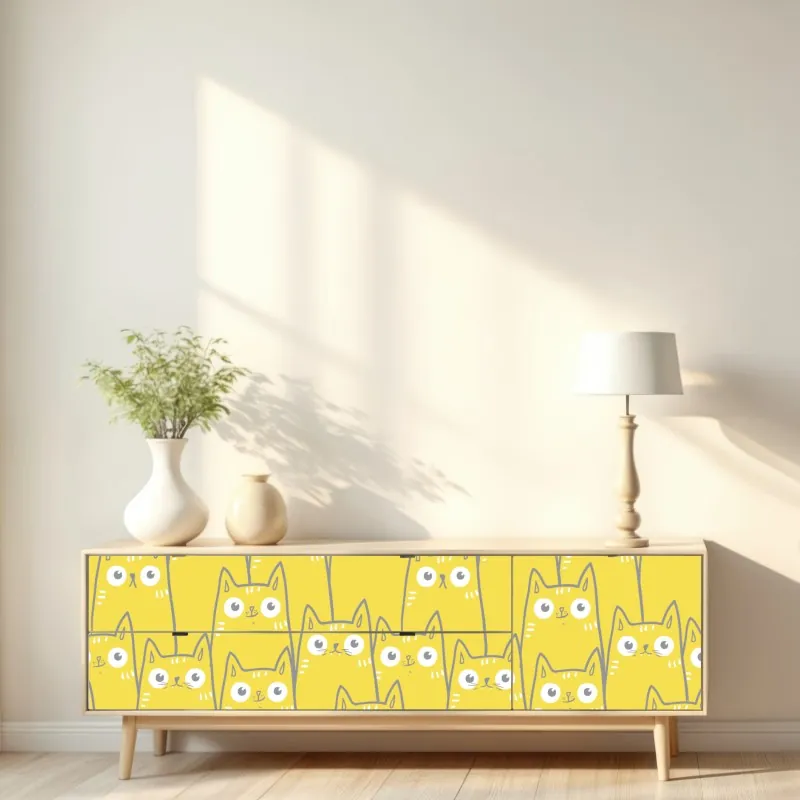Naklejka repozycjonowalna wesoły żółty wzór z kotami – Wallissimo® Naklejka repozycjonowalna wesoły żółty wzór z kotami – Wallissimo®