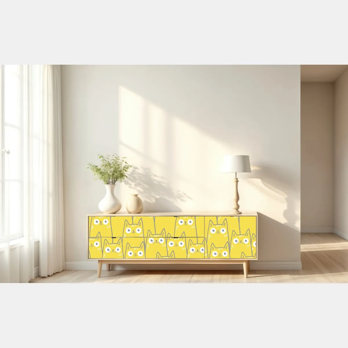 Naklejka repozycjonowalna wesoły żółty wzór z kotami – Wallissimo® Naklejka repozycjonowalna wesoły żółty wzór z kotami – Wallissimo®