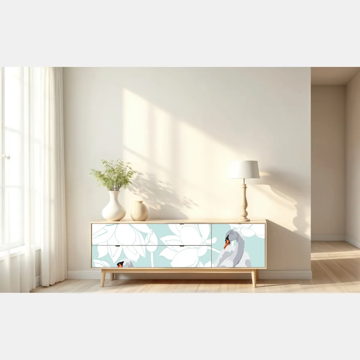 Naklejka repozycjonowalna spokojne łabędzie i lotosy – Wallissimo® Naklejka repozycjonowalna spokojne łabędzie i lotosy – Wallissimo®