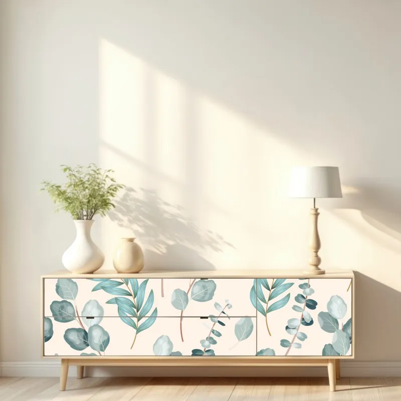 Naklejka repozycjonowalna pastelowy wzór liści eukaliptusa – Wallissimo® Naklejka repozycjonowalna pastelowy wzór liści eukaliptusa – Wallissimo®