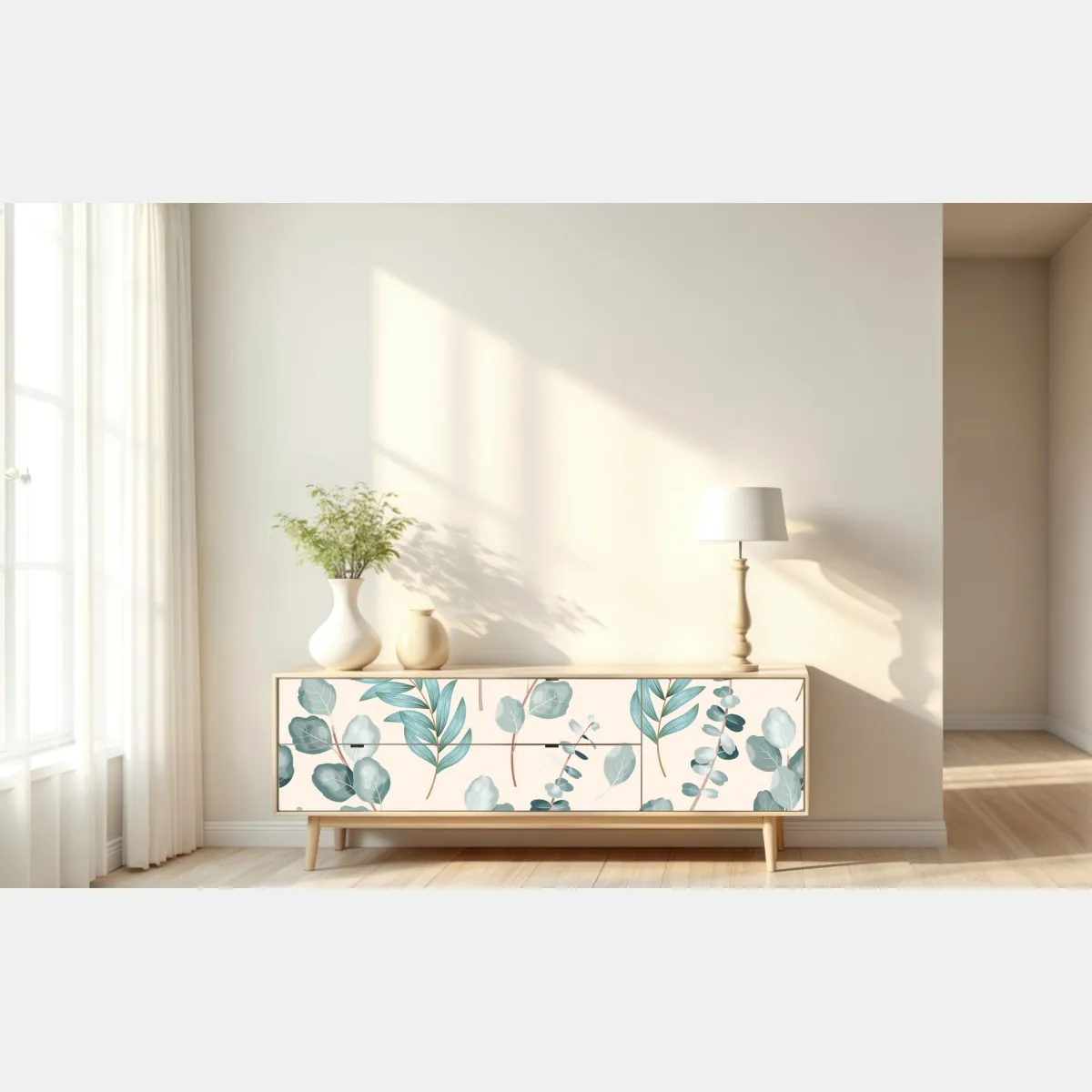 Naklejka repozycjonowalna pastelowy wzór liści eukaliptusa – Wallissimo® Naklejka repozycjonowalna pastelowy wzór liści eukaliptusa – Wallissimo®