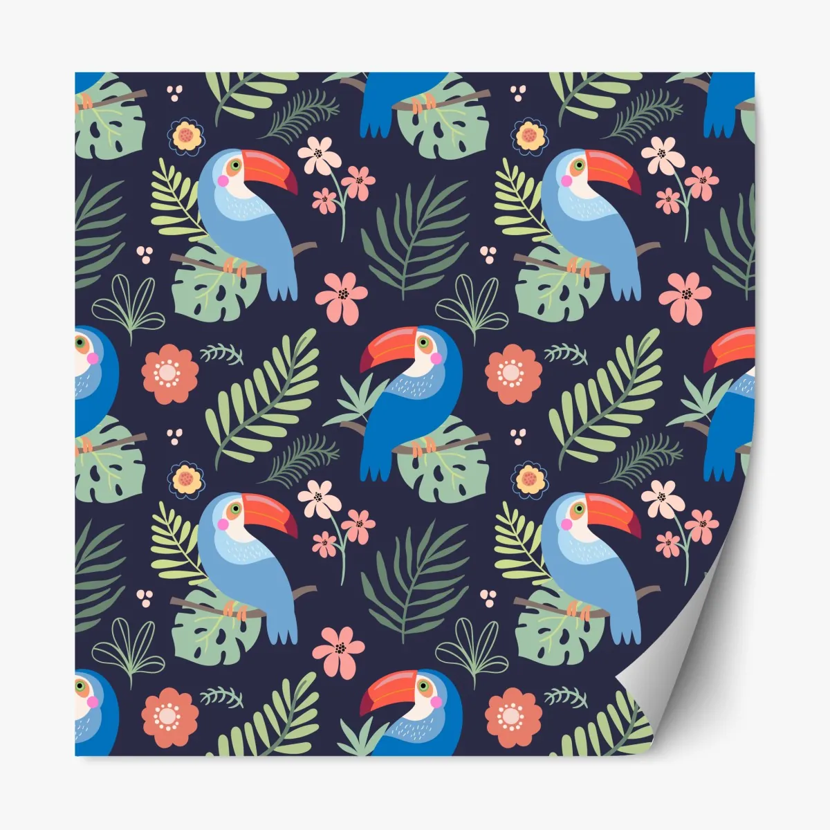 Naklejka repozycjonowalna tropikalny wzór z tukanami na granatowym tle – Wallissimo® Naklejka repozycjonowalna tropikalny wzór z tukanami na granatowym tle – Wallissimo®