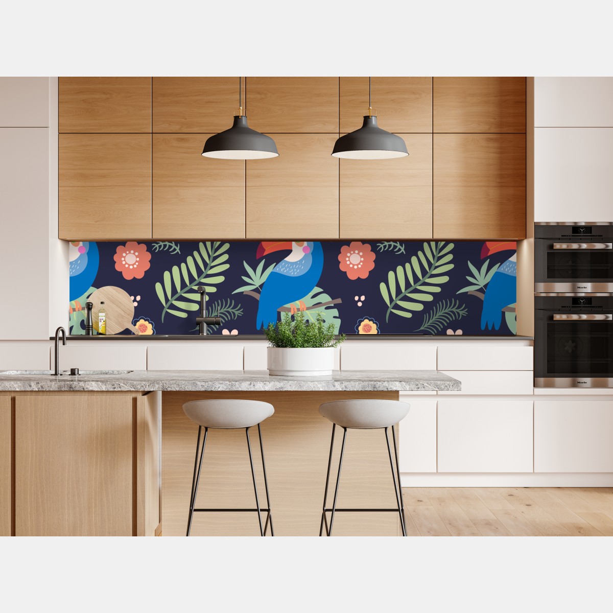 Naklejka repozycjonowalna tropikalny wzór z tukanami na granatowym tle – Wallissimo® Naklejka repozycjonowalna tropikalny wzór z tukanami na granatowym tle – Wallissimo®