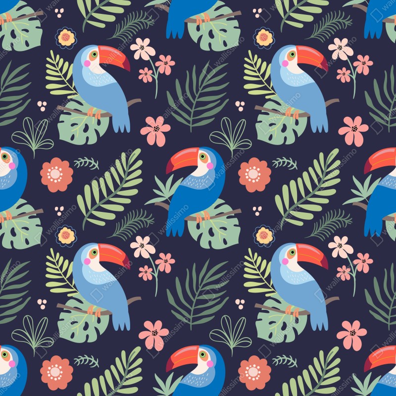 Naklejka repozycjonowalna tropikalny wzór z tukanami na granatowym tle – Wallissimo® Naklejka repozycjonowalna tropikalny wzór z tukanami na granatowym tle – Wallissimo®