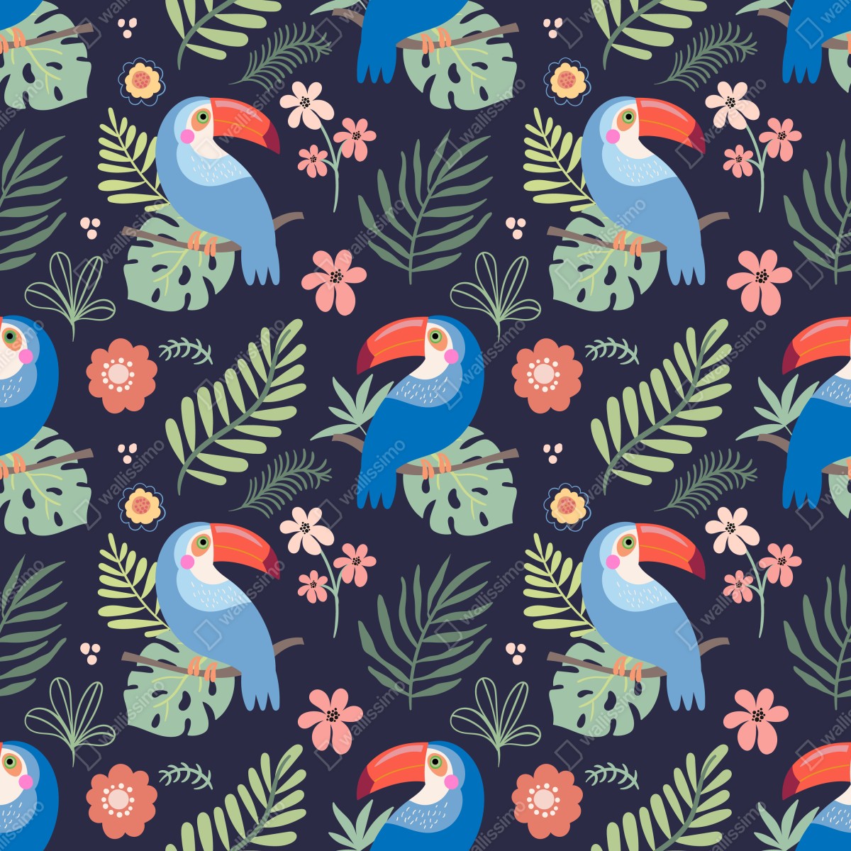 Naklejka repozycjonowalna tropikalny wzór z tukanami na granatowym tle – Wallissimo® Naklejka repozycjonowalna tropikalny wzór z tukanami na granatowym tle – Wallissimo®