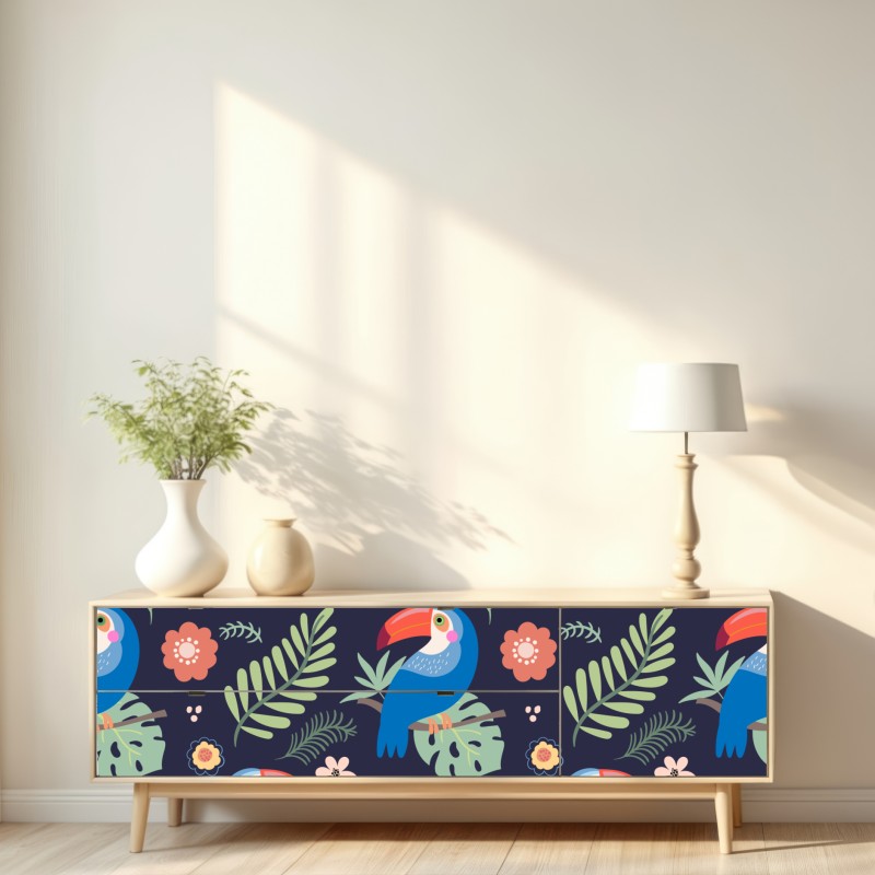 Naklejka repozycjonowalna tropikalny wzór z tukanami na granatowym tle – Wallissimo® Naklejka repozycjonowalna tropikalny wzór z tukanami na granatowym tle – Wallissimo®