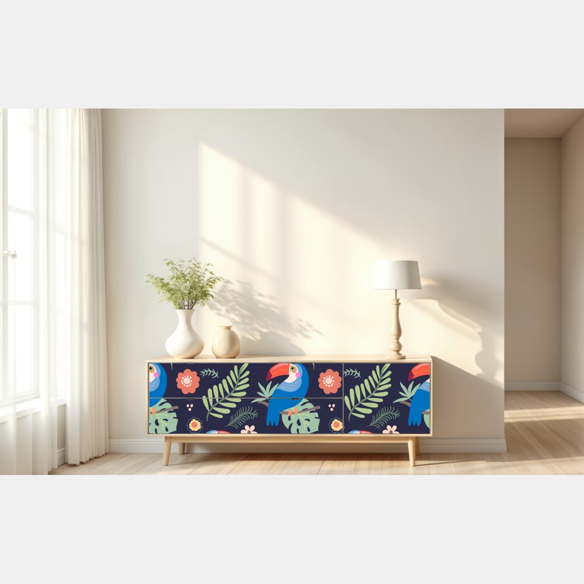 Naklejka repozycjonowalna tropikalny wzór z tukanami na granatowym tle – Wallissimo® Naklejka repozycjonowalna tropikalny wzór z tukanami na granatowym tle – Wallissimo®
