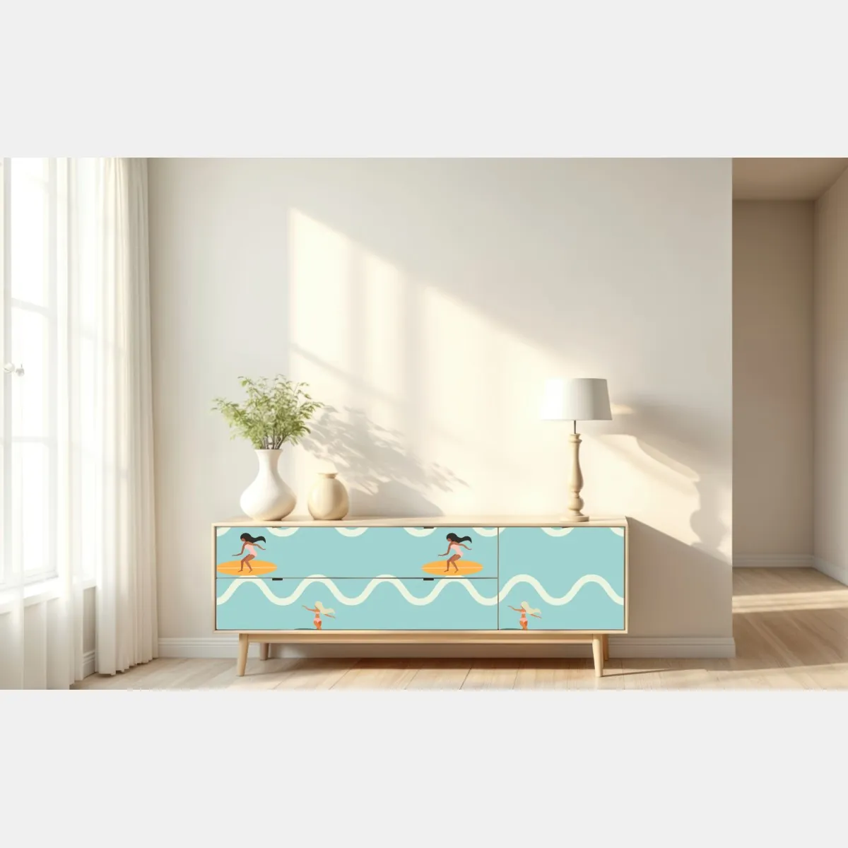 Naklejka repozycjonowalna wzór z surferami na turkusowych falach – Wallissimo® Naklejka repozycjonowalna wzór z surferami na turkusowych falach – Wallissimo®