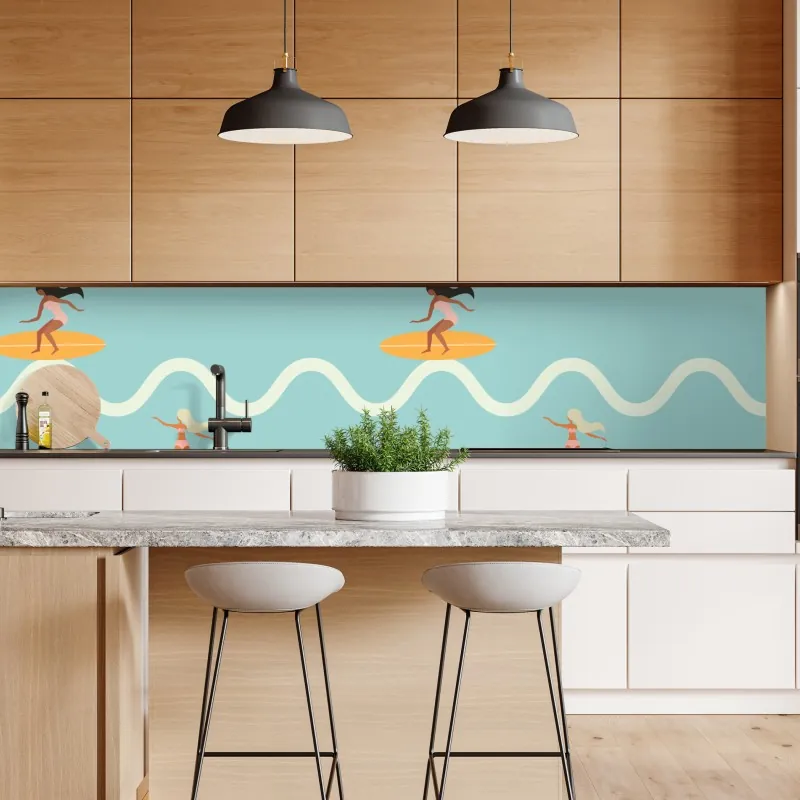 Naklejka repozycjonowalna wzór z surferami na turkusowych falach – Wallissimo® Naklejka repozycjonowalna wzór z surferami na turkusowych falach – Wallissimo®