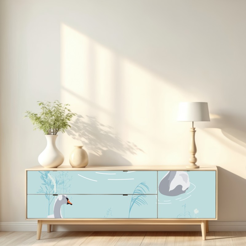 Naklejka repozycjonowalna delikatne łabędzie na turkusowym stawie – Wallissimo® Naklejka repozycjonowalna delikatne łabędzie na turkusowym stawie – Wallissimo®