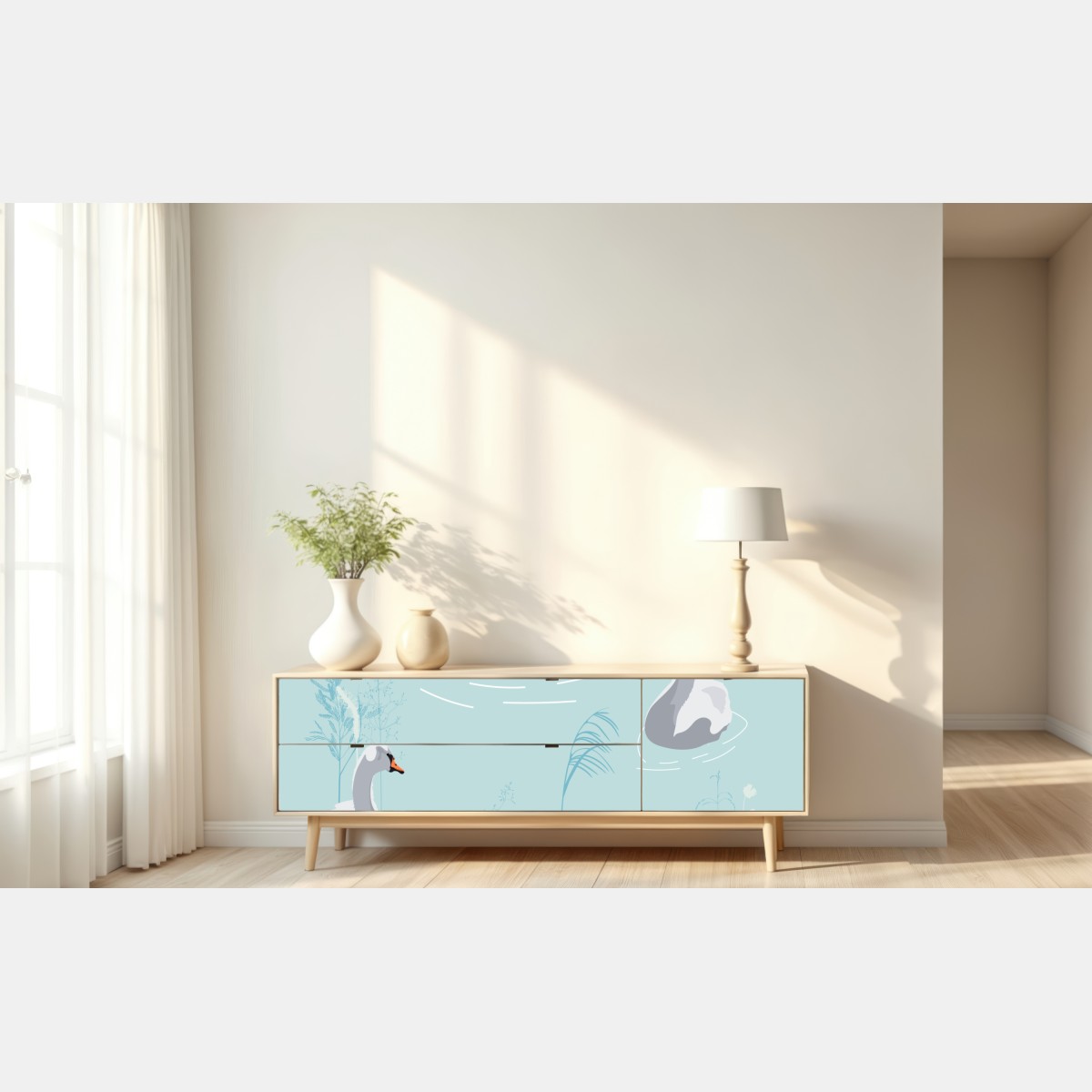 Naklejka repozycjonowalna delikatne łabędzie na turkusowym stawie – Wallissimo® Naklejka repozycjonowalna delikatne łabędzie na turkusowym stawie – Wallissimo®