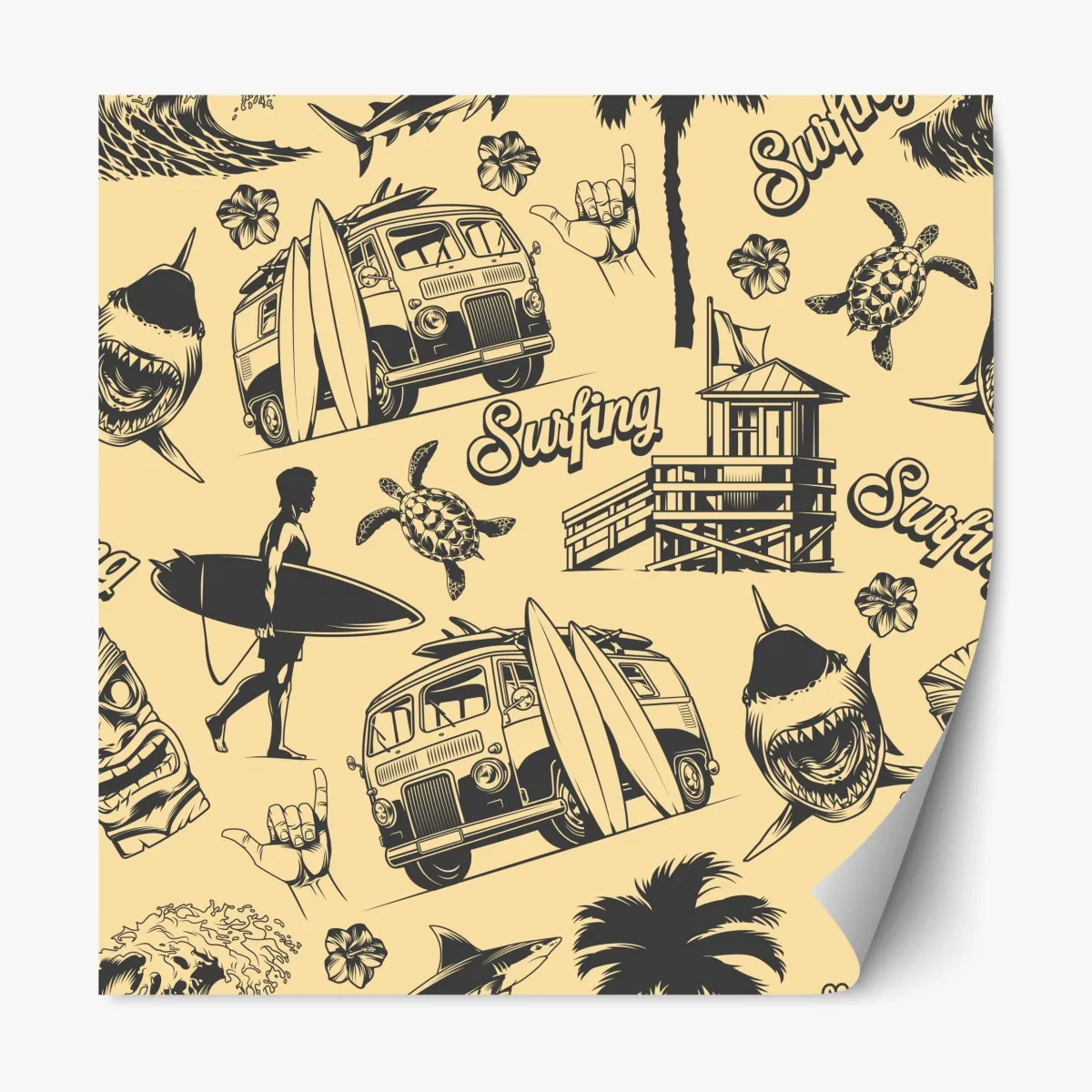 Naklejka repozycjonowalna retro wzór surfingowy z furgonetką i falami – Wallissimo® Naklejka repozycjonowalna retro wzór surfingowy z furgonetką i falami – Wallissimo®