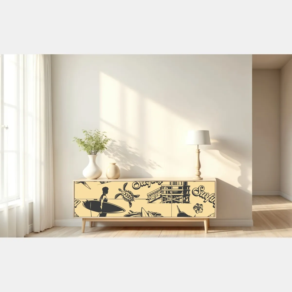 Naklejka repozycjonowalna retro wzór surfingowy z furgonetką i falami – Wallissimo® Naklejka repozycjonowalna retro wzór surfingowy z furgonetką i falami – Wallissimo®