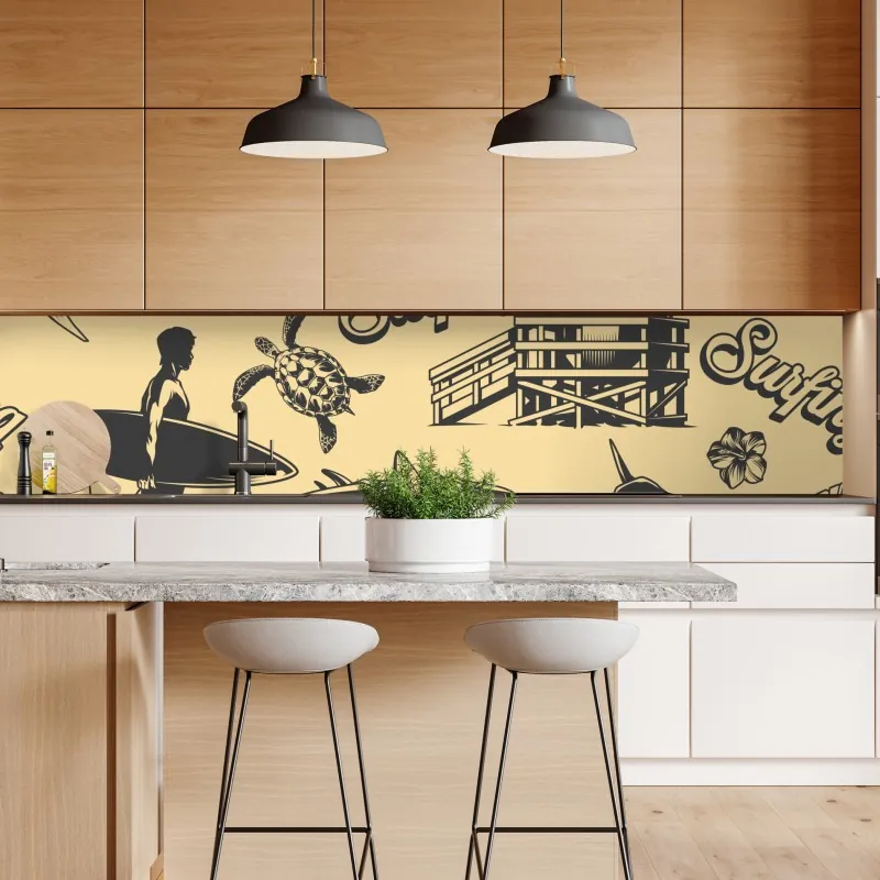 Naklejka repozycjonowalna retro wzór surfingowy z furgonetką i falami – Wallissimo® Naklejka repozycjonowalna retro wzór surfingowy z furgonetką i falami – Wallissimo®