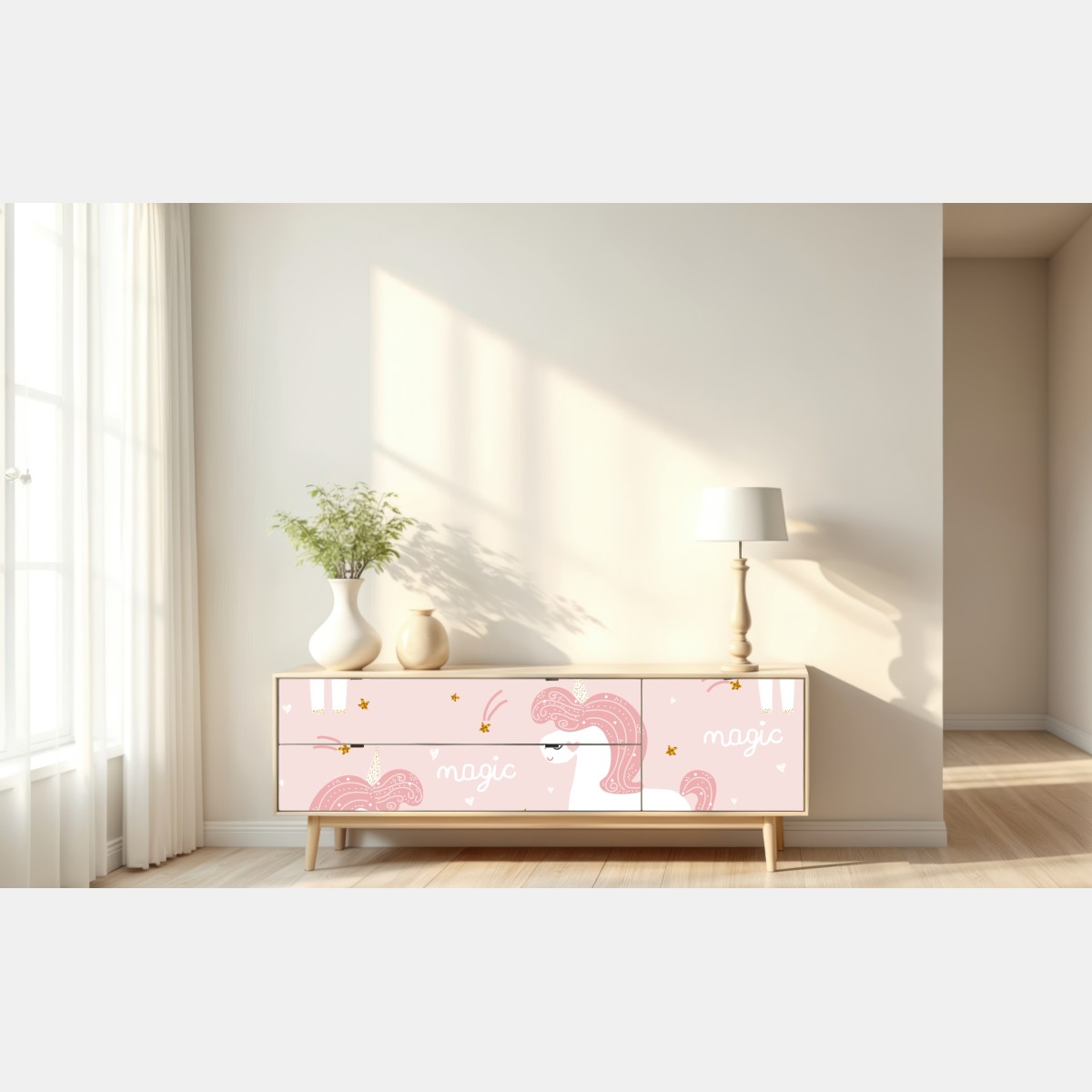 Naklejka repozycjonowalna magiczny różowy wzór jednorożca – Wallissimo® Naklejka repozycjonowalna magiczny różowy wzór jednorożca – Wallissimo®