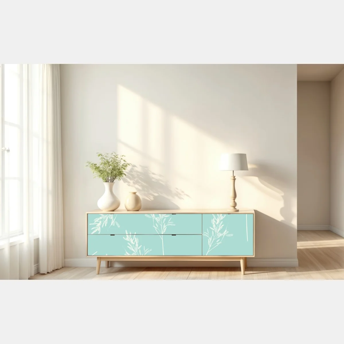 Naklejka repozycjonowalna delikatny turkusowy wzór botaniczny – Wallissimo® Naklejka repozycjonowalna delikatny turkusowy wzór botaniczny – Wallissimo®