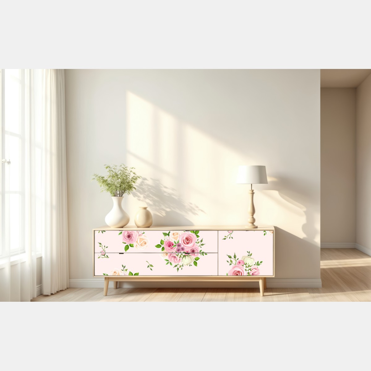 Naklejka repozycjonowalna delikatny różany wzór w pastelowych odcieniach – Wallissimo® Naklejka repozycjonowalna delikatny różany wzór w pastelowych odcieniach – Wallissimo®