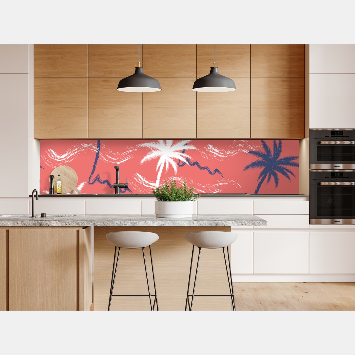 Naklejka repozycjonowalna tropikalny wzór palm w kolorze koralowym i granatowym – Wallissimo® Naklejka repozycjonowalna tropikalny wzór palm w kolorze koralowym i granatowym – Wallissimo®