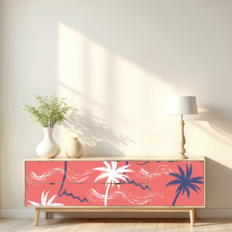 Naklejka repozycjonowalna tropikalny wzór palm w kolorze koralowym i granatowym – Wallissimo® Naklejka repozycjonowalna tropikalny wzór palm w kolorze koralowym i granatowym – Wallissimo®