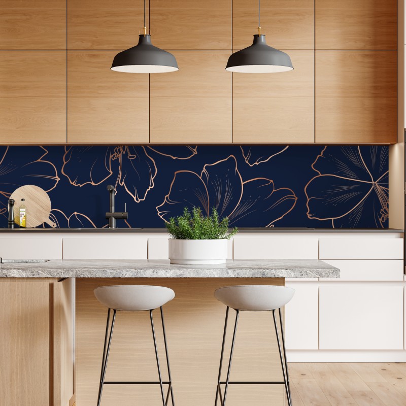 Naklejka repozycjonowalna granatowy motyw z złotymi konturami kwiatów – Wallissimo® Naklejka repozycjonowalna granatowy motyw z złotymi konturami kwiatów – Wallissimo®