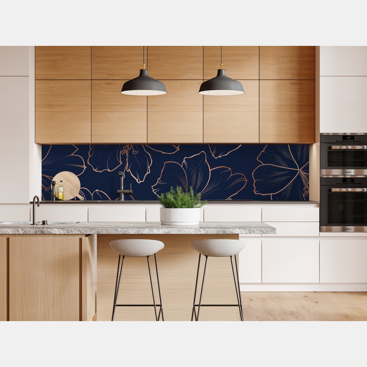 Naklejka repozycjonowalna granatowy motyw z złotymi konturami kwiatów – Wallissimo® Naklejka repozycjonowalna granatowy motyw z złotymi konturami kwiatów – Wallissimo®