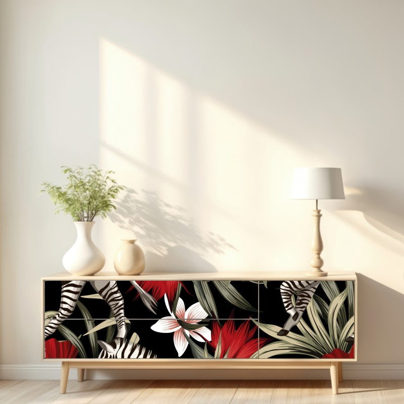 Naklejka repozycjonowalna tropikalny wzór zebry i kwiatów – Wallissimo® Naklejka repozycjonowalna tropikalny wzór zebry i kwiatów – Wallissimo®